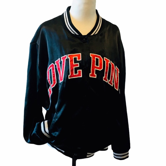 PINK Black Satin Bomber Jacket Coat Love Pink Logo - Picture 2 of 14